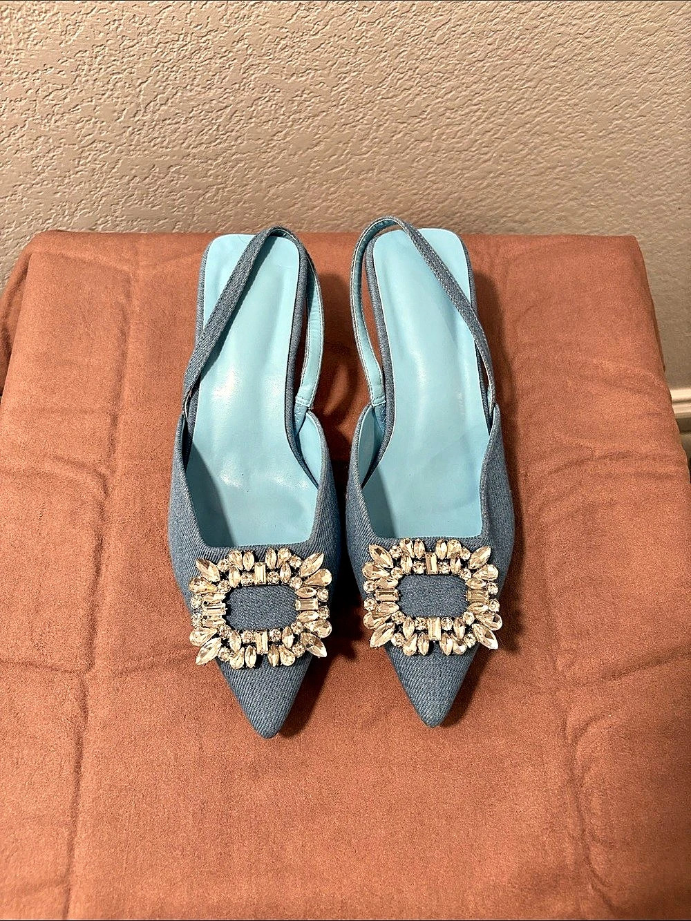 Denim Blue Embellished Pointed-Toe Heels